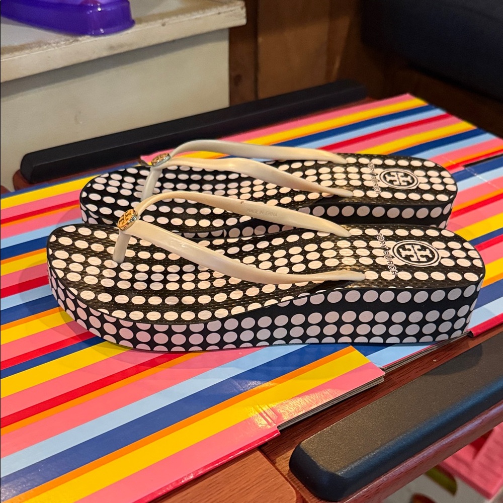 Tory Burch Black and White Dot Wedge Flip Flops
